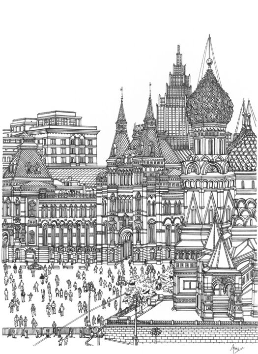 Dessin intitulée "Moscow Red Square" par Lera Ryazanceva, Œuvre d'art originale, Encre