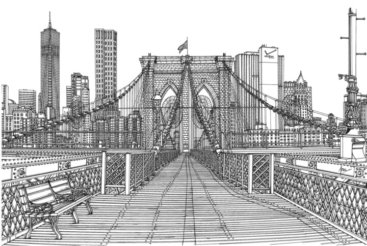 Rysunek zatytułowany „Brooklyn Bridge” autorstwa Lera Ryazanceva, Oryginalna praca, Długopis żelowy