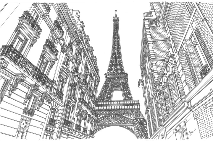 Drawing titled "Eiffel Tower" by Lera Ryazanceva, Original Artwork, Gel pen
