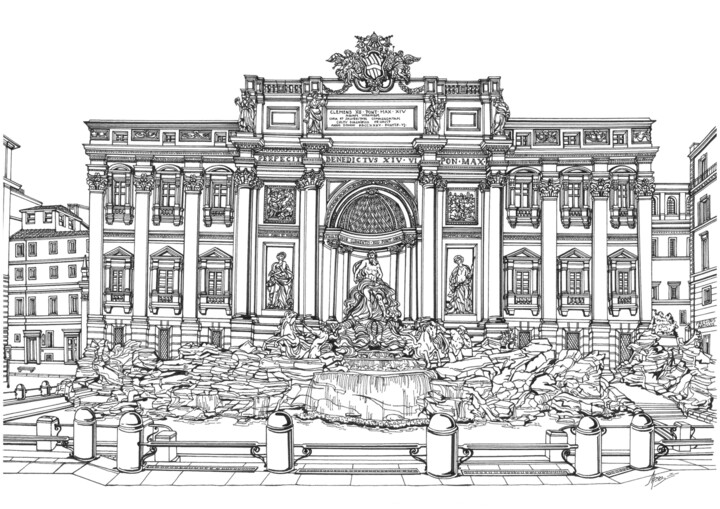 Desenho intitulada "The Trevi Fountain" por Lera Ryazanceva, Obras de arte originais, Tinta