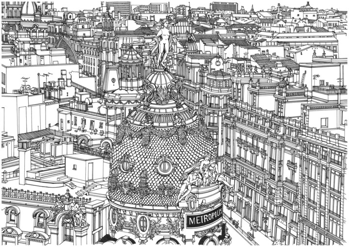 Рисунок под названием "Madrid Metropolis" - Lera Ryazanceva, Подлинное произведение искусства, Чернила