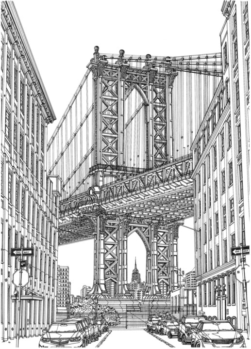 Drawing titled "Manhattan Bridge NYC" by Lera Ryazanceva, Original Artwork, Gel pen