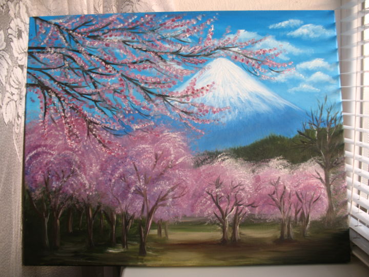 Painting titled ""Sakura against Fuj…" by Lera Titova, Original Artwork, Oil
