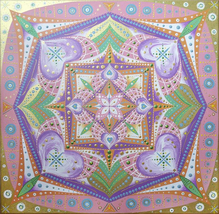 Painting titled "Pink Mandala" by Lera Gold, Original Artwork, Acrylic Mounted on Wood Stretcher frame