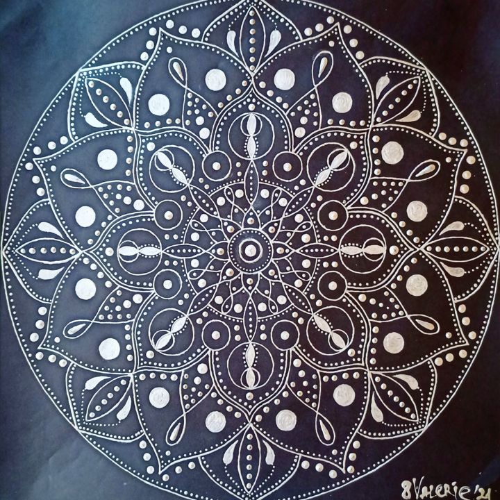 Painting titled "Silver mandala" by Lera Gold, Original Artwork, Acrylic