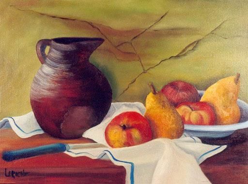 Peinture intitulée "Cruche et fruits" par Leriche, Œuvre d'art originale, Autre