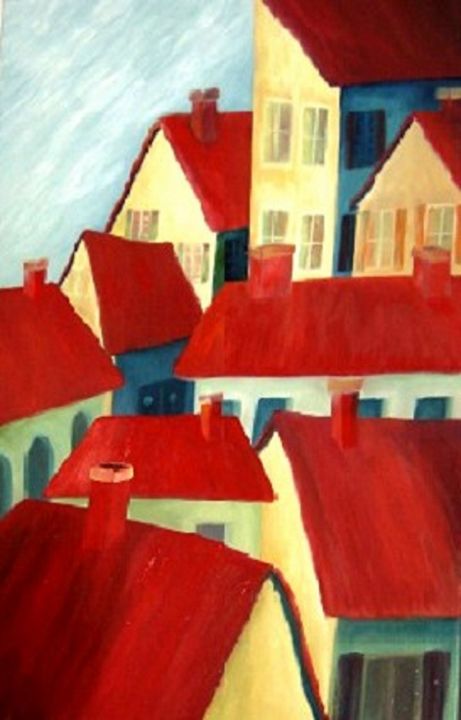 Peinture intitulée "Les toits rouges" par Leriche, Œuvre d'art originale, Autre