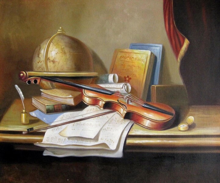 Painting titled "Violin 001A" by Lermay Chang, Original Artwork, Oil Mounted on Wood Stretcher frame