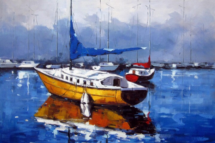 Peinture intitulée "Yacht #018" par Lermay Chang, Œuvre d'art originale, Huile Monté sur Châssis en bois