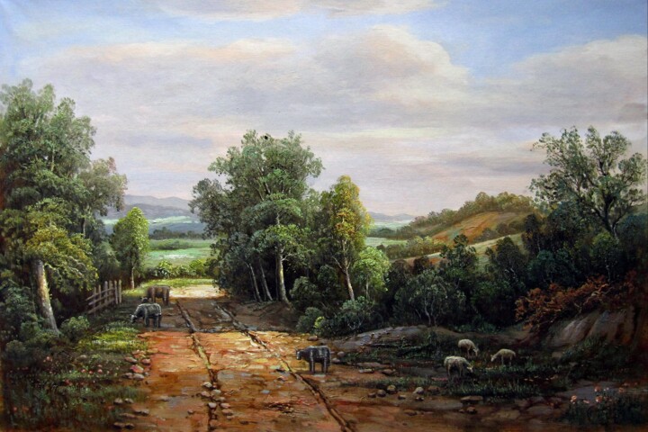 Painting titled "Country #907" by Lermay Chang, Original Artwork, Oil Mounted on Wood Stretcher frame