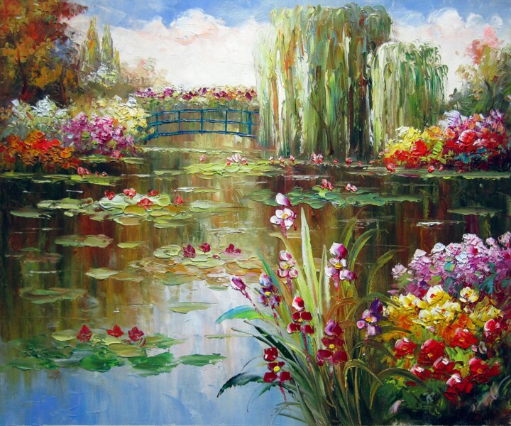 Painting titled "Waterlilies garden…" by Lermay Chang, Original Artwork, Oil Mounted on Wood Stretcher frame