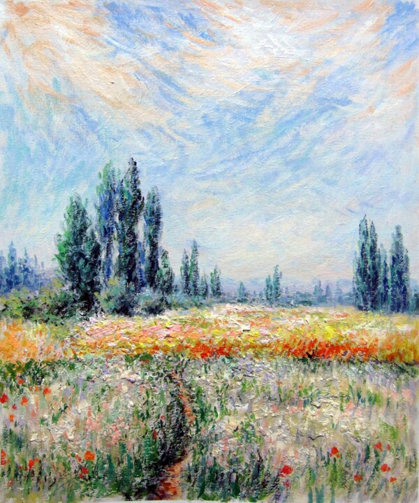 Painting titled "Monet style D003" by Lermay Chang, Original Artwork, Oil Mounted on Wood Stretcher frame