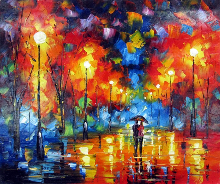 Painting titled "Romantic Night 008" by Lermay Chang, Original Artwork, Oil Mounted on Wood Stretcher frame