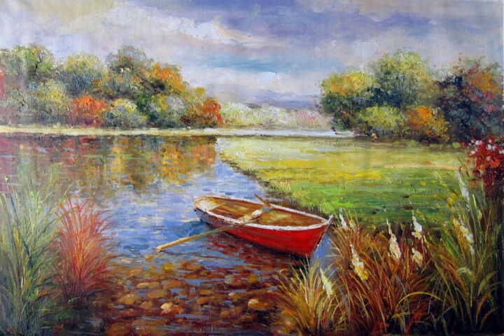 Painting titled "Waterside 012" by Lermay Chang, Original Artwork, Oil Mounted on Wood Stretcher frame