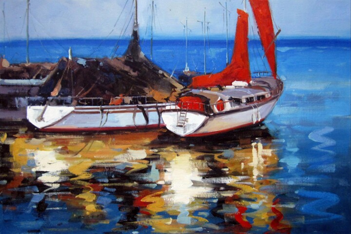 Painting titled "Yacht #027D" by Lermay Chang, Original Artwork, Oil Mounted on Wood Stretcher frame