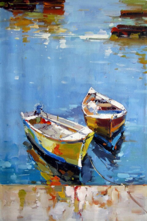 Painting titled "Boat #201D" by Lermay Chang, Original Artwork, Oil Mounted on Wood Stretcher frame