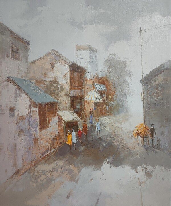 Painting titled "Street 62D" by Lermay Chang, Original Artwork, Oil Mounted on Wood Stretcher frame