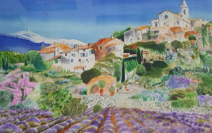 Painting titled "Paysage de provence" by Brigitte Leroy, Original Artwork, Watercolor