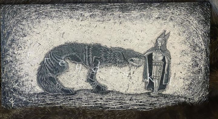 Painting titled "Fenrir & Tyr Mythol…" by Kimberley Lanin, Original Artwork, Acrylic
