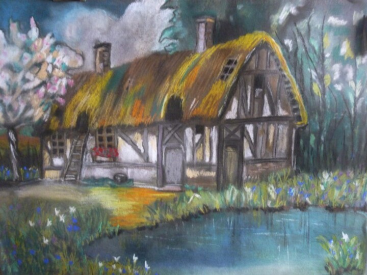 Painting titled "La chaumière" by Les Pinceaux Dorés De Rosa Et Lys, Original Artwork, Pastel