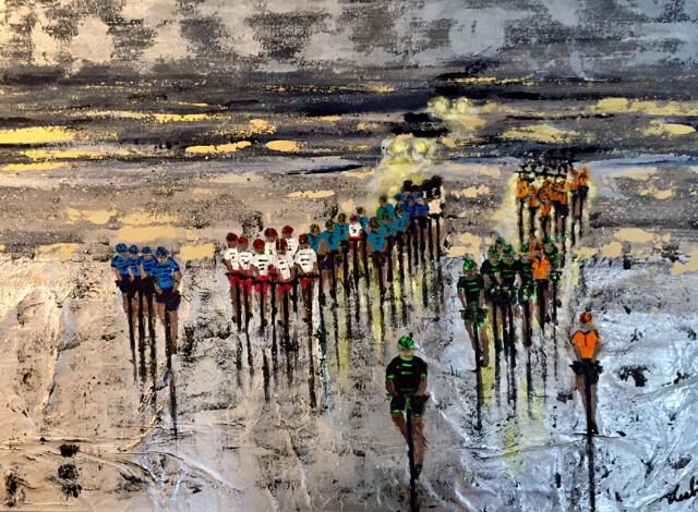 Painting titled "Course cycliste" by Lesbats, Original Artwork, Acrylic Mounted on Wood Stretcher frame