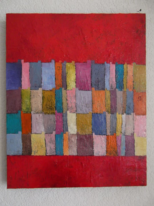 Painting titled "maisons, ciel rouge" by Catherine Furic, Original Artwork, Oil