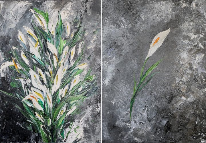 Painting titled ""Calla lilies" dipt…" by Lesia Danilina, Original Artwork, Oil Mounted on Wood Stretcher frame
