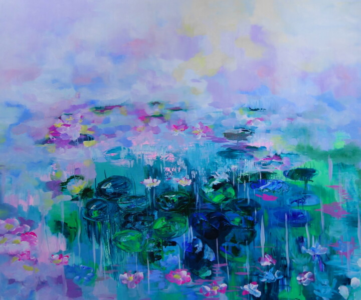 Картина под названием "Lilies in the Mist" - Lesley Blackburn, Подлинное произведение искусства, Масло