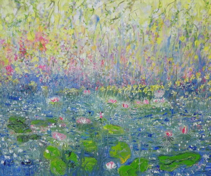 Painting titled "Lemon Waterlilies" by Lesley Blackburn, Original Artwork, Oil Mounted on Wood Stretcher frame