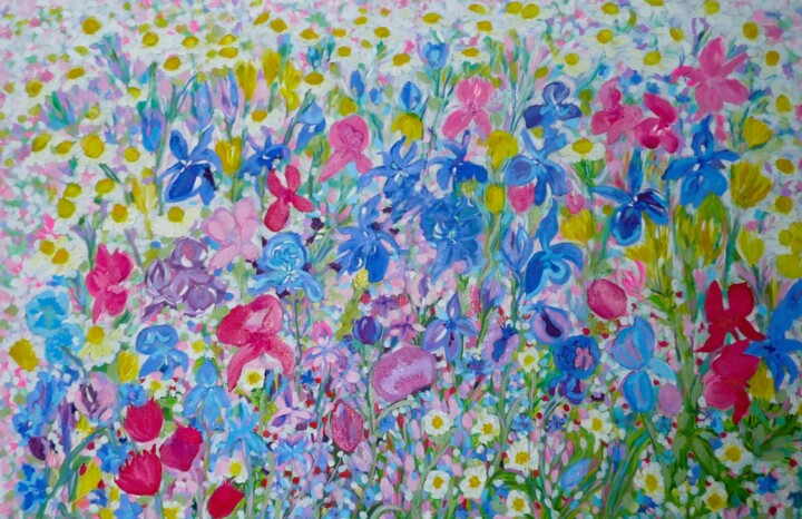 Картина под названием "Summer Meadow" - Lesley Blackburn, Подлинное произведение искусства, Масло Установлен на Деревянная р…