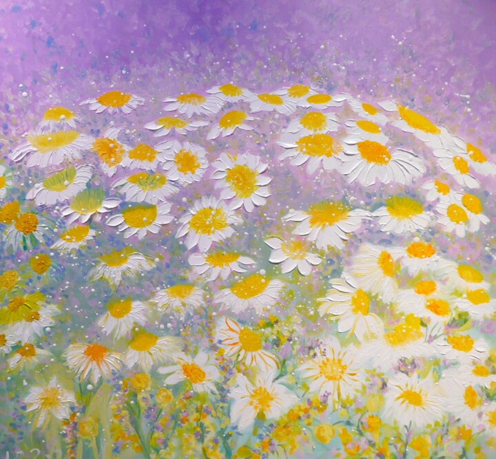 Painting titled "Daisy Meadow 2024" by Lesley Blackburn, Original Artwork, Oil Mounted on Wood Stretcher frame
