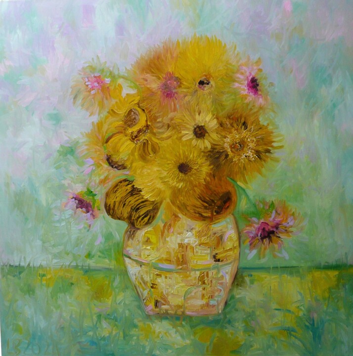 Painting titled "Van Gogh Sunflowers…" by Lesley Blackburn, Original Artwork, Oil Mounted on Wood Stretcher frame