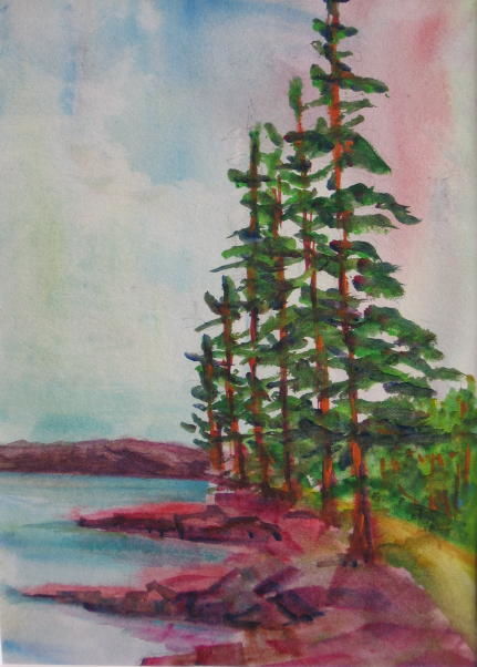 Pintura intitulada "Pine Trees" por Lesley Braren, Obras de arte originais, Aquarela