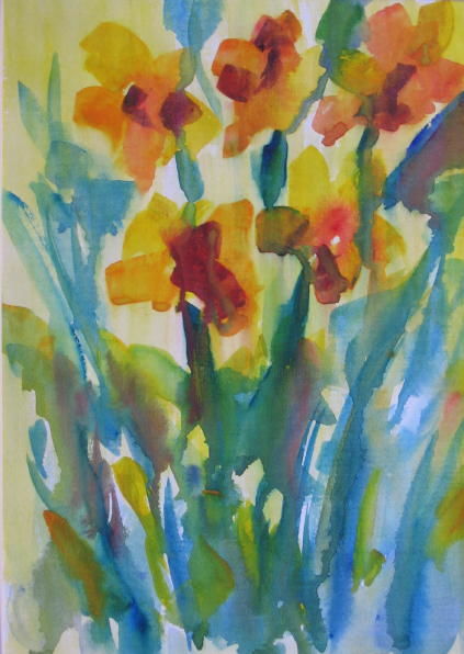 Painting titled "Daffodil Blue" by Lesley Braren, Original Artwork, Watercolor