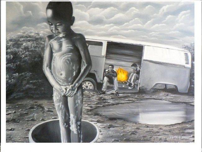 Pintura intitulada "boy with bubbles" por Lester Claude Stone, Obras de arte originais, Óleo