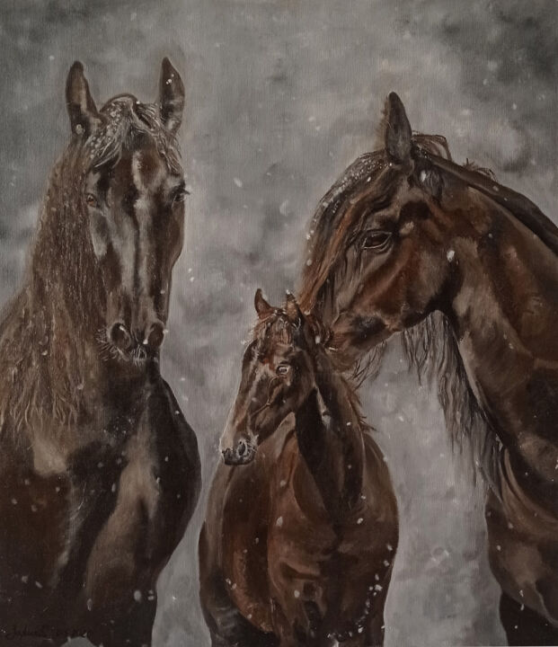 Pintura titulada "The horses in the s…" por Olesya Zaripova (ROZ), Obra de arte original, Oleo