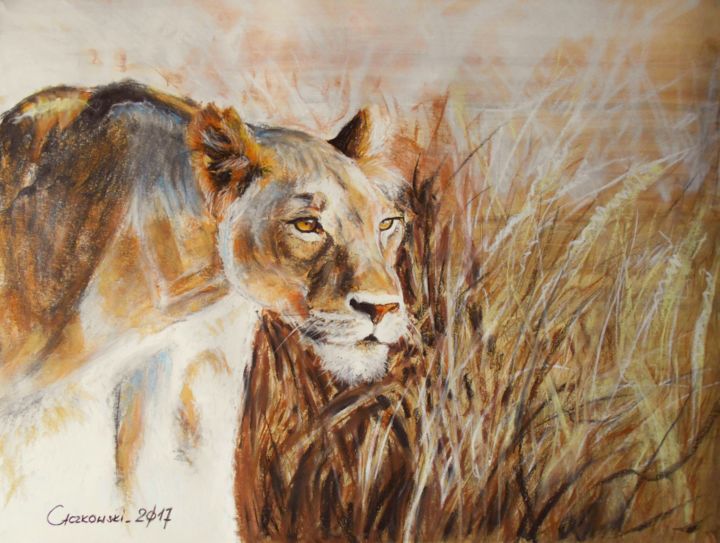 Schilderij getiteld "Lion - African beau…" door Leszek Gaczkowski, Origineel Kunstwerk, Pastel