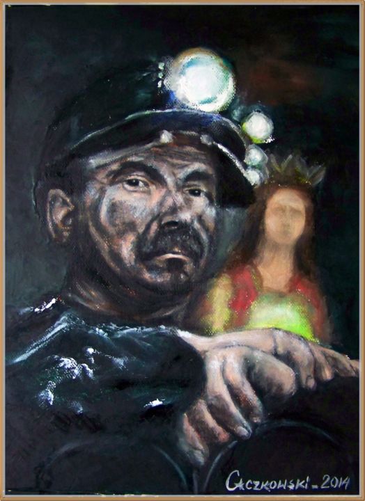 Painting titled "Portrait of a miner…" by Leszek Gaczkowski, Original Artwork, Oil