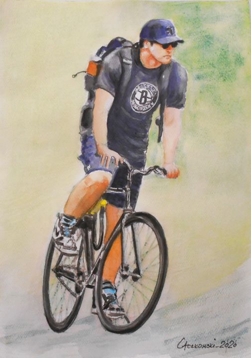Pintura titulada "By bicycle" por Leszek Gaczkowski, Obra de arte original, Acuarela