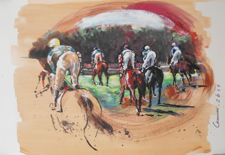 Картина под названием "Horse Racing I" - Leszek Gaczkowski, Подлинное произведение искусства, Гуашь