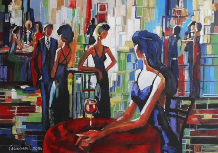 Painting titled "Drink Bar I" by Leszek Gaczkowski, Original Artwork, Oil