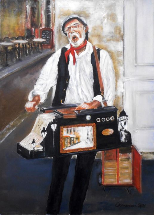 Painting titled "Organ grinder on Mo…" by Leszek Gaczkowski, Original Artwork, Oil