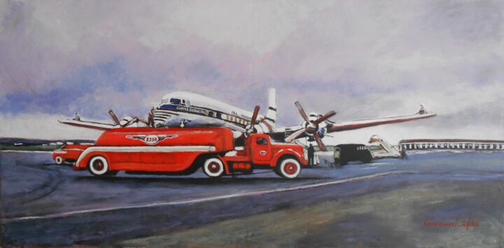 Malerei mit dem Titel "Pan Am Douglas DC-7…" von Leszek Gaczkowski, Original-Kunstwerk, Öl