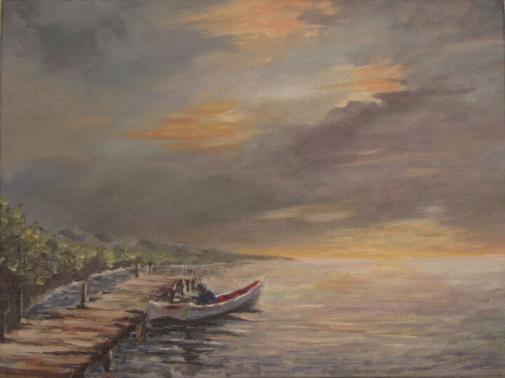 Painting titled "barque de pêche" by Letailleur-H, Original Artwork, Oil Mounted on Wood Stretcher frame