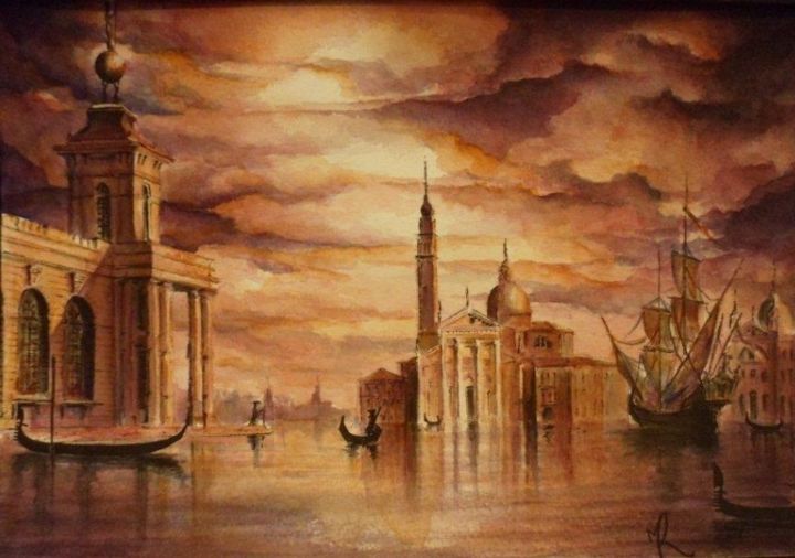 Peinture intitulée "Venise - La Dogana" par Maxime Letang, Œuvre d'art originale, Aquarelle