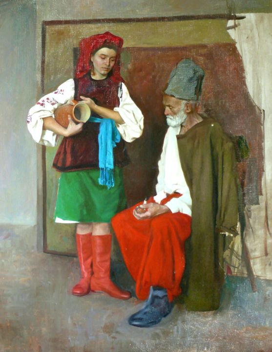 Painting titled "Старик и девушка" by Sergey Korabelnikov, Original Artwork, Oil