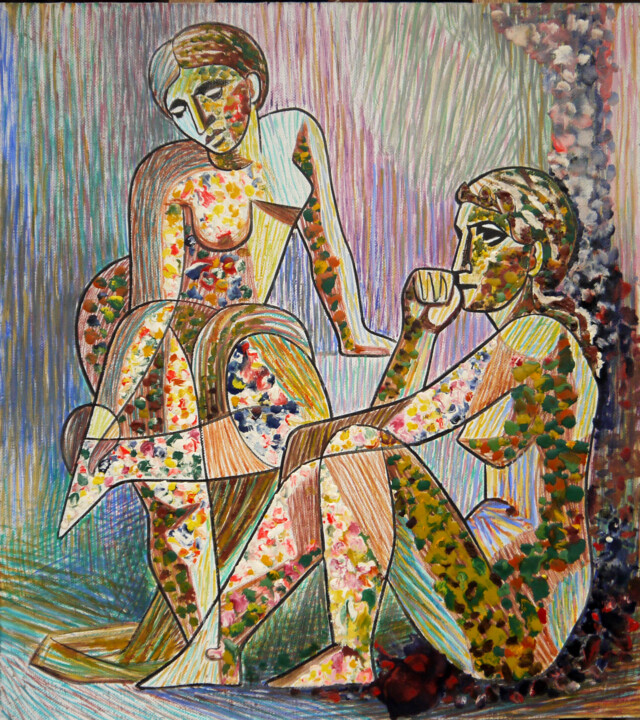 Painting titled "Girlfriends" by Levan Goglidze, Original Artwork, Encaustic