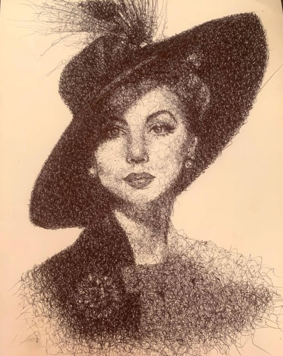 Drawing titled "Femme au chapeau" by Channel Gianni, Original Artwork, Ballpoint pen Mounted on Glass