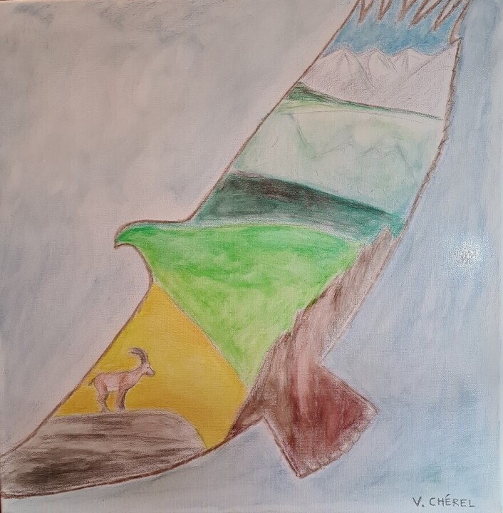 제목이 "Toujours plus haut"인 그림 Leveille Véronique로, 원작, 연필 나무 들것 프레임에 장착됨