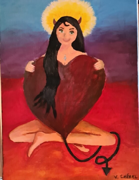 Painting titled "Ange ou démon" by Leveille Véronique, Original Artwork, Acrylic Mounted on Wood Stretcher frame